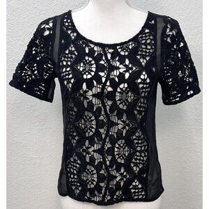AMERICAN EAGLE OUTFITTERS Womens XS Black Sheer Lace S/S Button-Back BLOUSE EUC